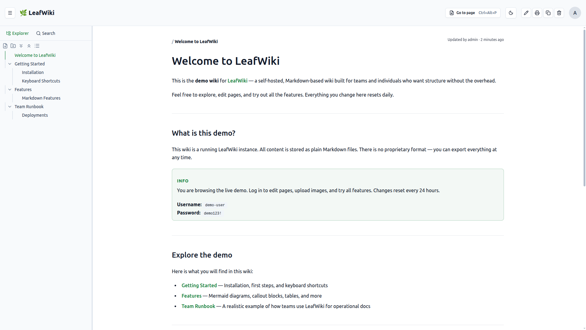 LeafWiki page view with tree navigation